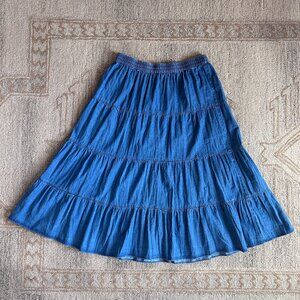 Chambray Tiered Midi Skirt Elastic Waist Cottagecore Prairie Denim Blue women XL